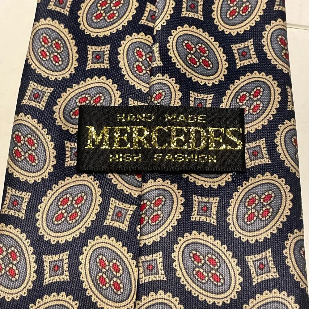 Vintage Merceds Hand Made 100% Silk Tie Navy Cream and Red Geometric Design EUC - Picture 8 of 8